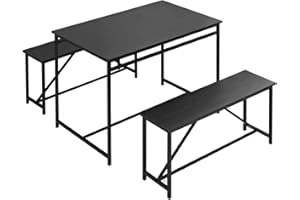 Panana 3 Piece Dining Room Table Set 43 Inch Kitchen Table with Two Benches Breakfast Table with Metal Frame Dining Room Home Black