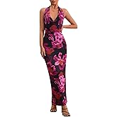 Milumia Women's Floral Halter Dress Backless Mesh Deep V Neck Cotail Wedding Party Maxi Dress