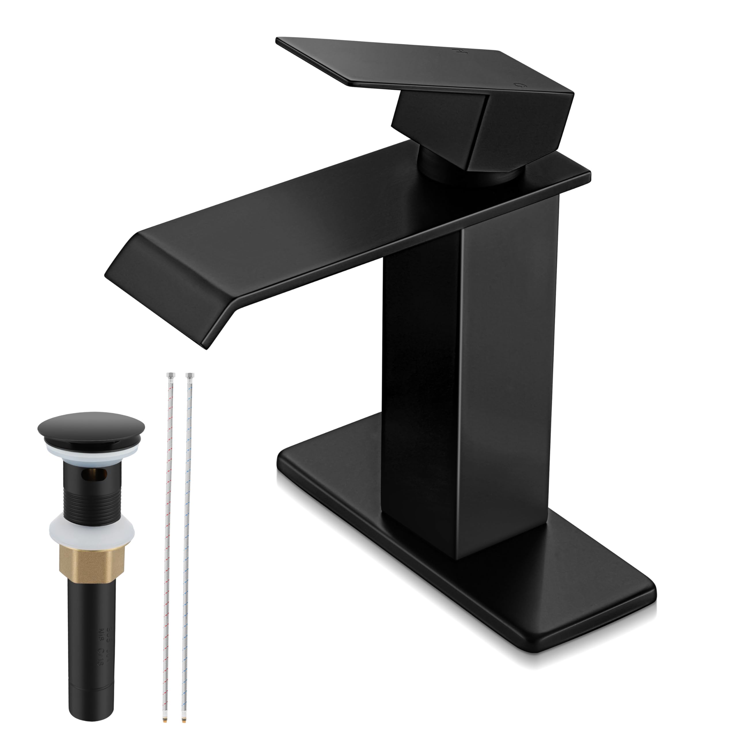 Photo 1 of Herogo Matte Black Waterfall Bathroom Faucet for Sink 3 Hole, Stainless Steel Vanity Sink Faucet, Rv Bathroom Tap with 1 Handle, Pop Up Drain, Deck Plate and Supply Hose