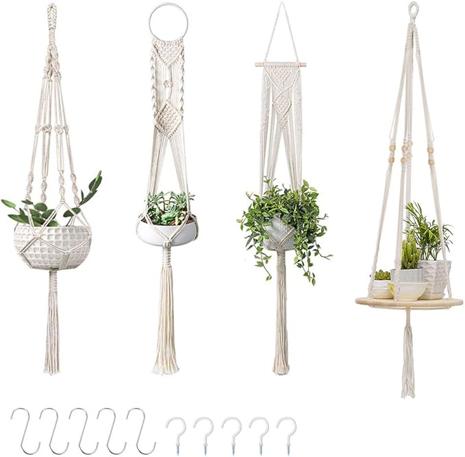 GROWNEER 4 Packs Macrame Plant Hangers with 10 Hooks