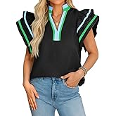 Cicy Bell Womens Ruffle Cap Sleeve Tops Color Block V Neck Dressy Casual Blouses Summer Pleated Loose Fit Shirts