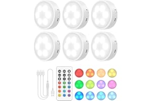 GOODEA.fun Puck Lights with Remote, 13 RGB Colors LED Under Cabinet Light, Rechargeable Battery Operated Under Cabinet Lighting Tap Lights, Stick on Lights with Dimmer and Timer（6 Pack）