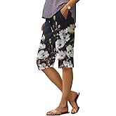 Cokene Womens Bermuda Shorts Boho Oil Painting Floral Print Shorts Loose Drawstring High Waist Dressy Knee Length Trousers