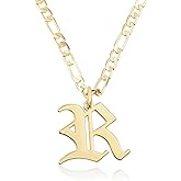 Beleco 14k Gold Plated Initial Pendant Necklace for Women – A-Z Letter Necklace with Figaro Chain, Old English Personalized Gold Alphabet Charm Jewelry