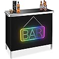 BRILLIHOOD Portable Pop-Up Bar Table with Mirrored BAR Neon Sign, Music Sync Bar Table, LED Bar Sign & Table for Outdoor, Patio, Party, Picnic, Entertaining, Include Storage Shelf, Removable Skirt