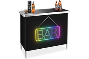 BRILLIHOOD Portable Pop-Up Bar Table with Mirrored BAR Neon Sign, Music Sync Bar Table, LED Bar Sign & Table for Outdoor, Patio, Party, Picnic, Entertaining, Include Storage Shelf, Removable Skirt