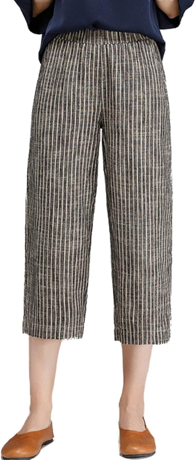Femirah Women's Casual Cotton Linen Striped Capris Amazon.co.uk Clothing