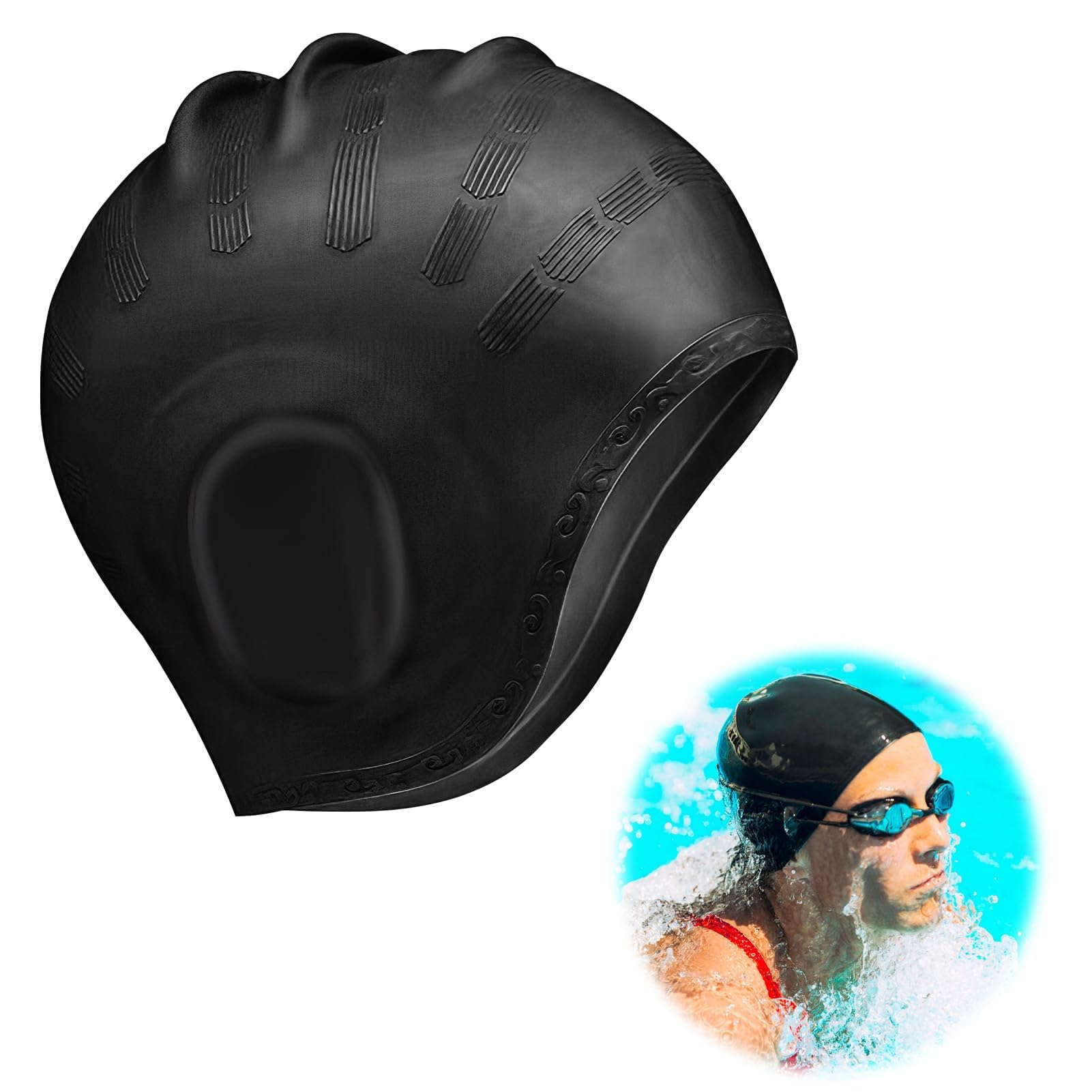 Nodcows Swimming Cap for 3D Ear Protection, Elastic and Comfortable Unisex Adults, Waterproof Silicone, One Size, Black