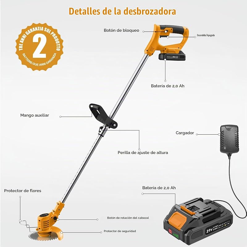 Desbrozadora Batería, Desbrozadora Electrica 21V, Recortadora de Cortabordes Bateria con 2 Baterías 2000 mAh, 2 Tipos de Cuchillas, 11000 RPM y Motor, Mango Telescópico 85-120 cm