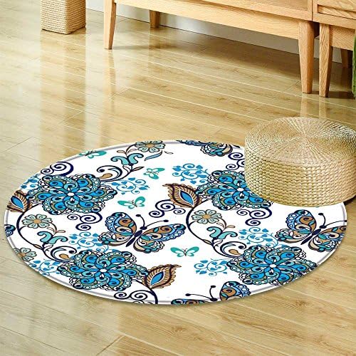 Small Round Rug Carpet Fantastic Floral Seamless Ornament with Decorative Butterflies Vintage Flowers Door mat Indoors Bathroom Mats Non Slip -Round 63"
