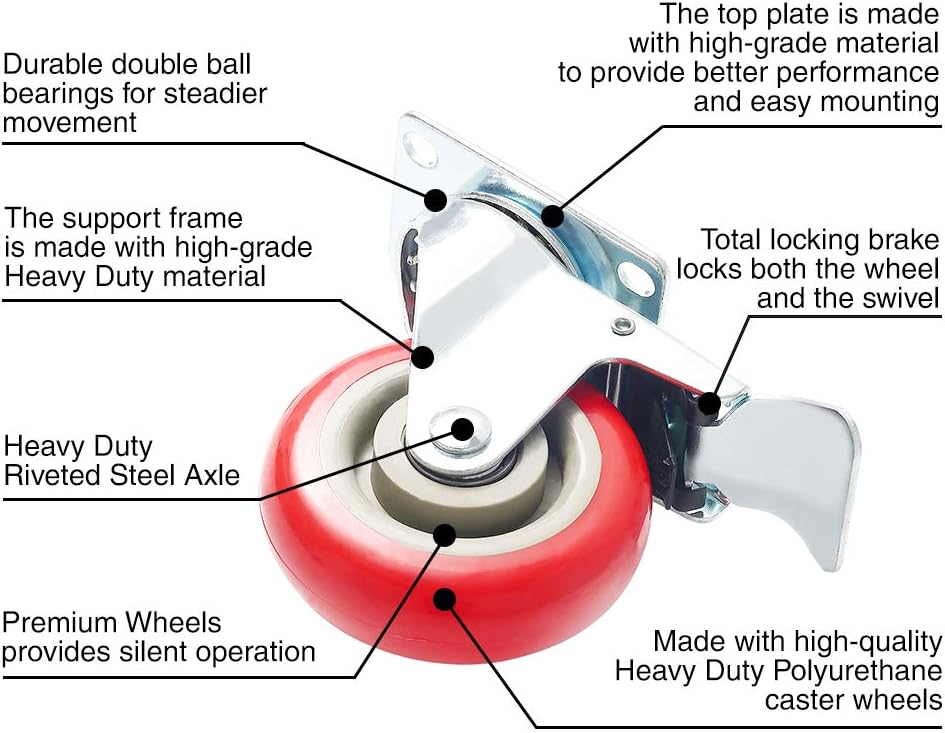 8 Pack 4" Caster Wheels Swivel 360 Degree 4 with Brake Swivel and 4 Swivel Plate Combo On Red Polyurethane Wheels with Hardware: Home Improvement