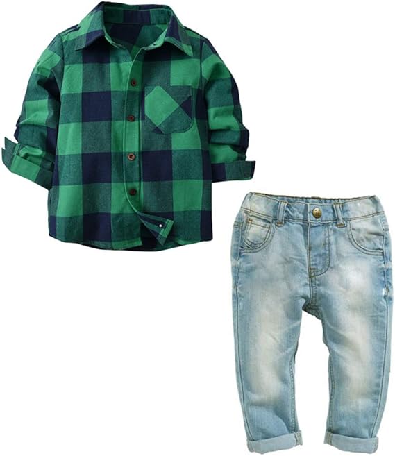 Amazon Zooarts 子供服 ベビー服 男の子 ２点セット シャツ ジーンズ Yシャツ ボーイズ ワイシャツ 上下セット 緑 チェック柄 長袖 100 綿 結婚式 発表会 フォーマル カジュアル 春秋冬 2 7歳 100 3歳 フォーマル 通販