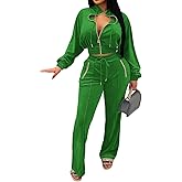 Adogirl Women 2 Piece Outfits Velour Sweatsuit Jogging Suit Full Zipper Sweatshirt + Wide Leg Sweatpants Tracksuit Lounge Set