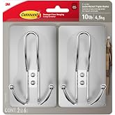 Command X-Large Satin Nickel Triple Hooks, 2 Hooks, 6 Strips | Heavy Duty, Damage-Free Hanging with Adhesive Strips, No Tools Wall Hook for Hanging Decorations, Holds up to 10 lb
