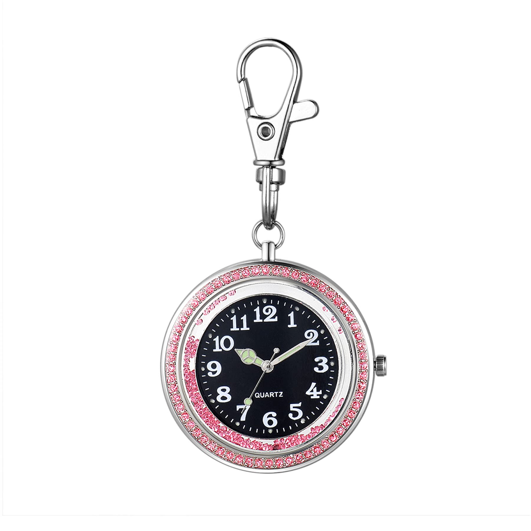 JewelryWe Key Chain Watch Rhinestone Luminous Hands Quartz Pocket Watch FOB Clip-on Belt Novelty Key Ring Watches for Men Women