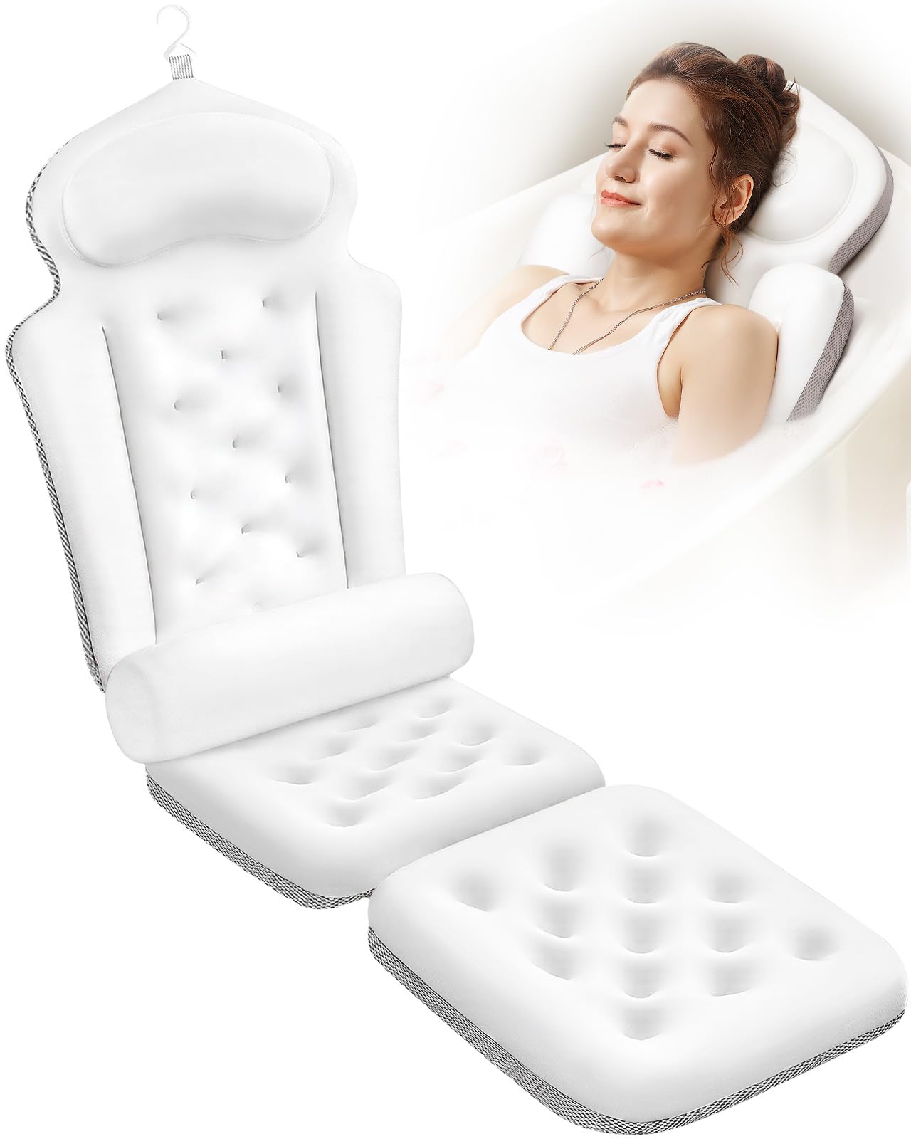 Photo 1 of Full Body Bath Pillow for Tub, Thick Bathtub Cushion Mat with Neck, Back & Lumbar Support - Luxury Spa Bathroom Accessories, White