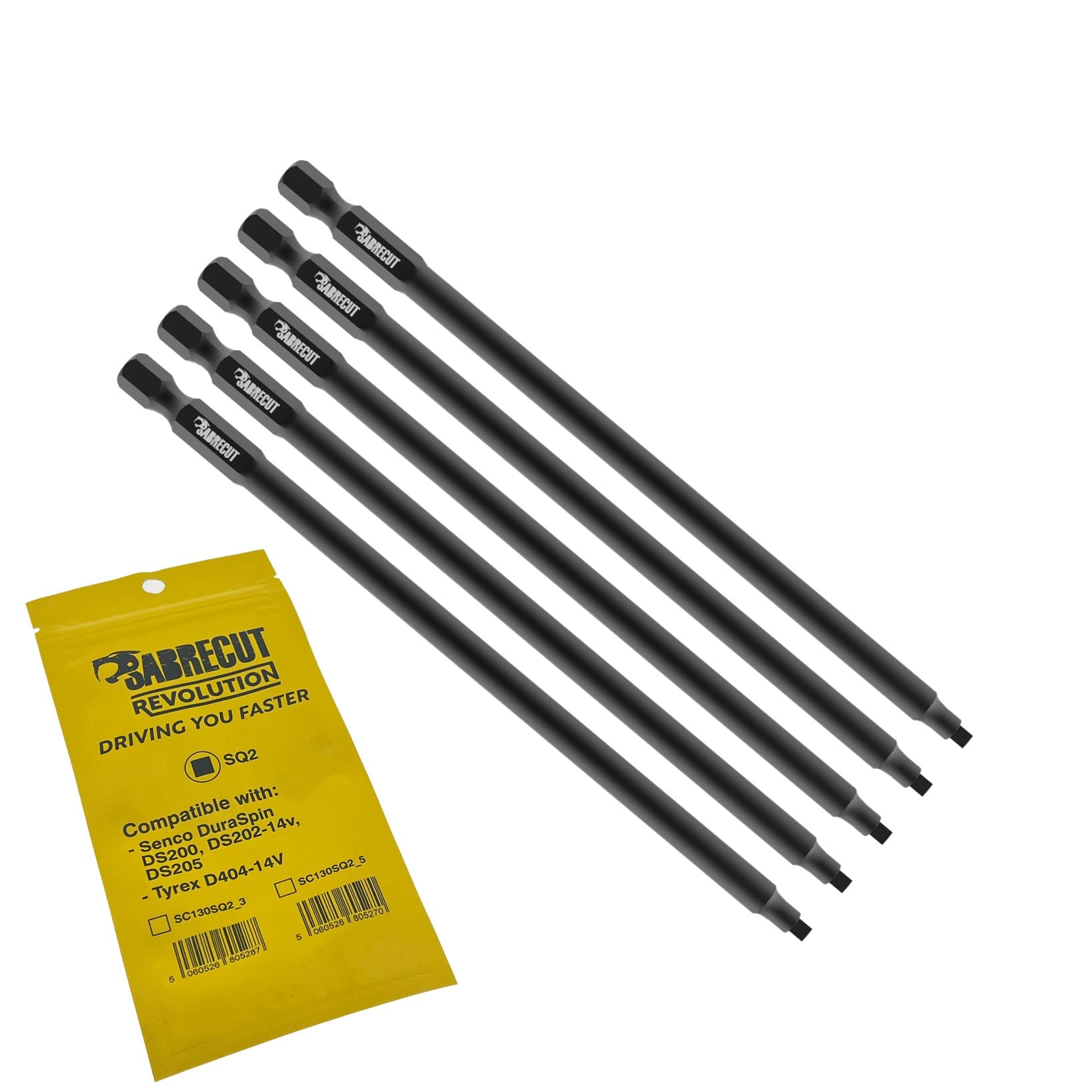 5 x SabreCut SC130SQ2_5 130mm SQ2 Compatible with SENCO DuraSpin DS200 DS202 DS202-14v DS205 EA0123 and TYREX D404-14V Autofeed Collated Drywall Screwdriver Gun Bit Single Ended Square No.2 Heavy Duty