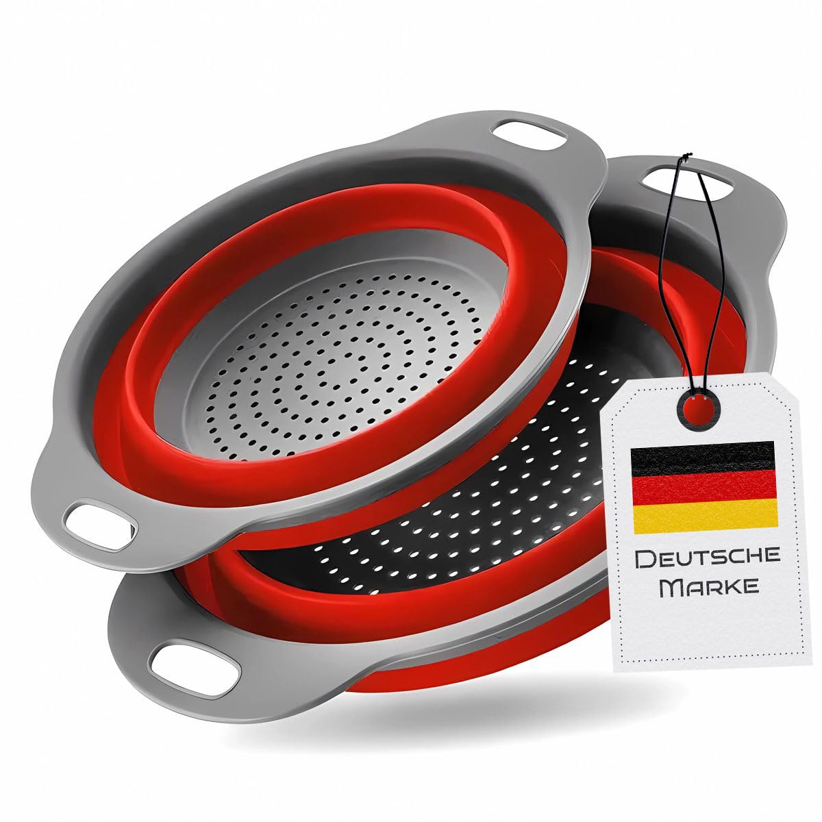 König Design Foldable Colander Strainer, Silicone Plastic Pasta Strainer Set, 2 Sizes (24.5 + 29.2 cm), Red