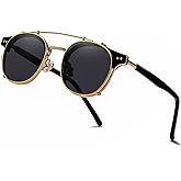 Technigadgets Pedro Steampunk Double Lens Clip On Men Sunglasses Retro Polarized Double Bridge Metal Frame UV 400 Protection