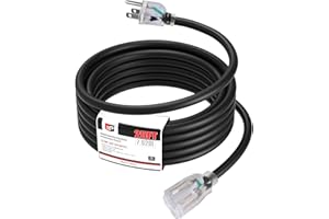 EP 25Ft 14/3 Lighted Outdoor Extension Cord - 14 Gauge 3 Prong SJTW Heavy Duty Black Extension Cable with 3 Prong Grounded Pl