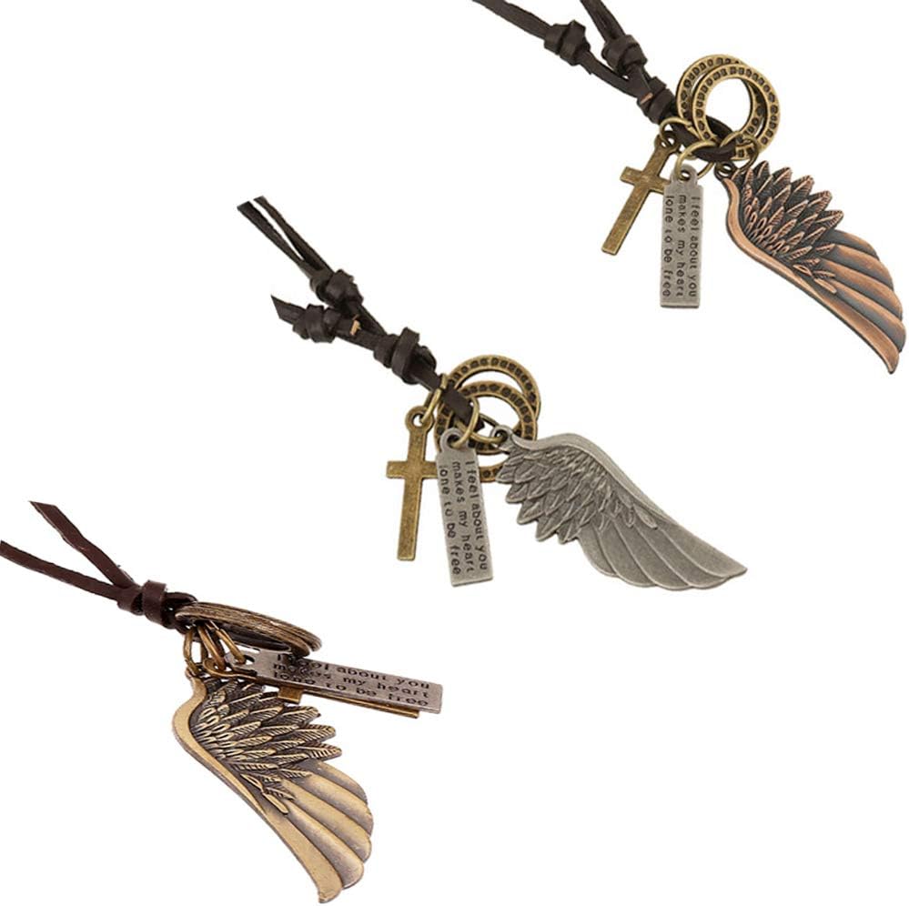 CAILI 3 Pack Leather Necklace, Angel Wings Leather Necklace, Vintage Weave, Fashion Accessories for Mens and Womens(old bronze, ancient silver, bronze)