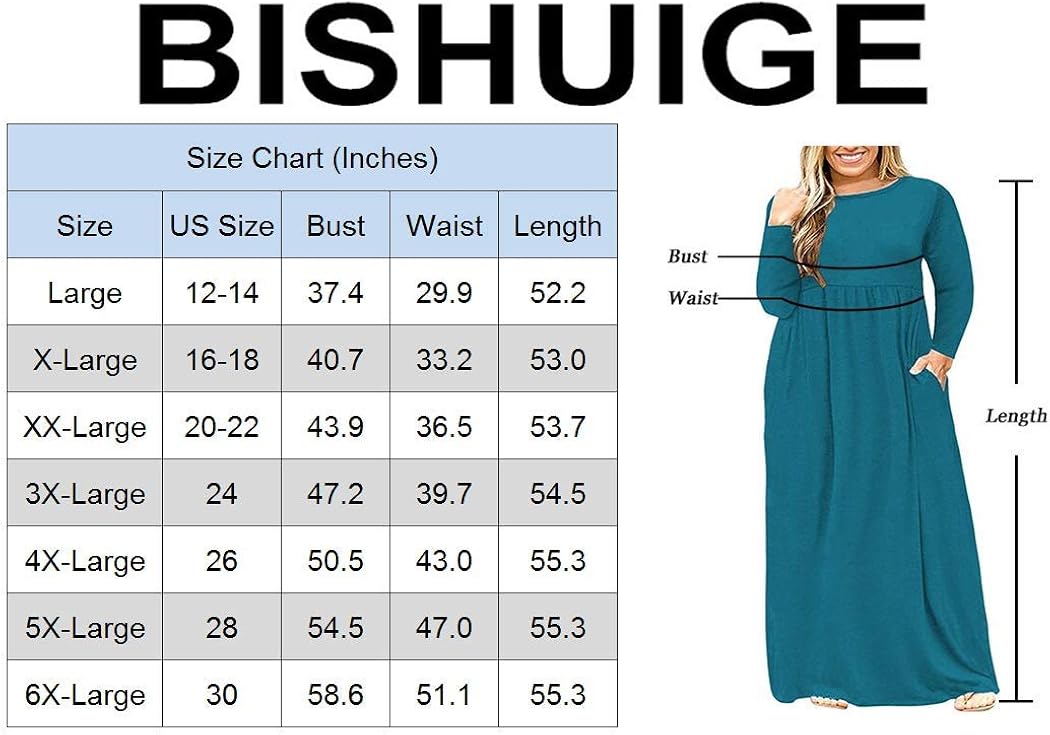 BISHUIGE Womens L-6XL Long Sleeve Casual Plus Size Maxi Dresses with Pockets at  Women’s Clothing store
