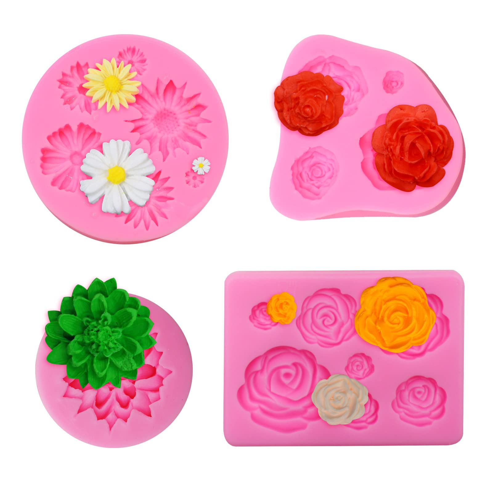 4Pcs Silicone Fondant Moulds - Daisy & Rose Flower Molds for Icing, Cake, Chocolate & Jelly
