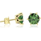 Stud Earrings with Green CZ Gemstone in 14k Yellow Gold Plated - December Birthstone Round 7mm Natural Cubic Zirconia Stone Studs, Handmade Earrings, Simple Dainty Jewelry Birthday Gift for Women