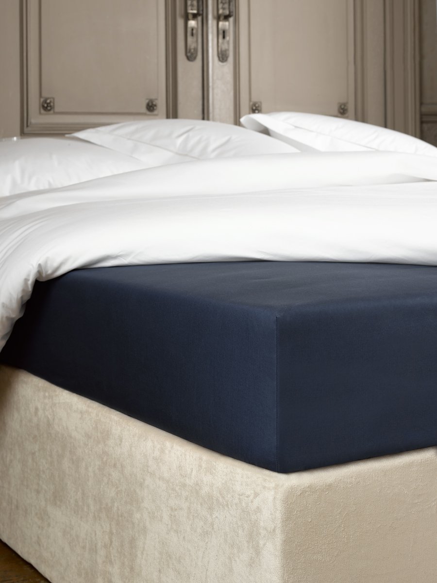 De Witte Lietaer Bumblebee Luxury Percale Cotton Fitted Sheet, Cotton, Bleu Marine Encre, 160 x 200 x 40 cm