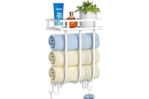 GAGUIUP Towel Racks for Bathroom, Wall Mounted Towel Rack with Metal Shelf & 4 Hanging Hooks, Towel Shelf Towel Storage for Small Bathroom, Can Hold 3 Large Size Rolled Towel Holder Organizer, White