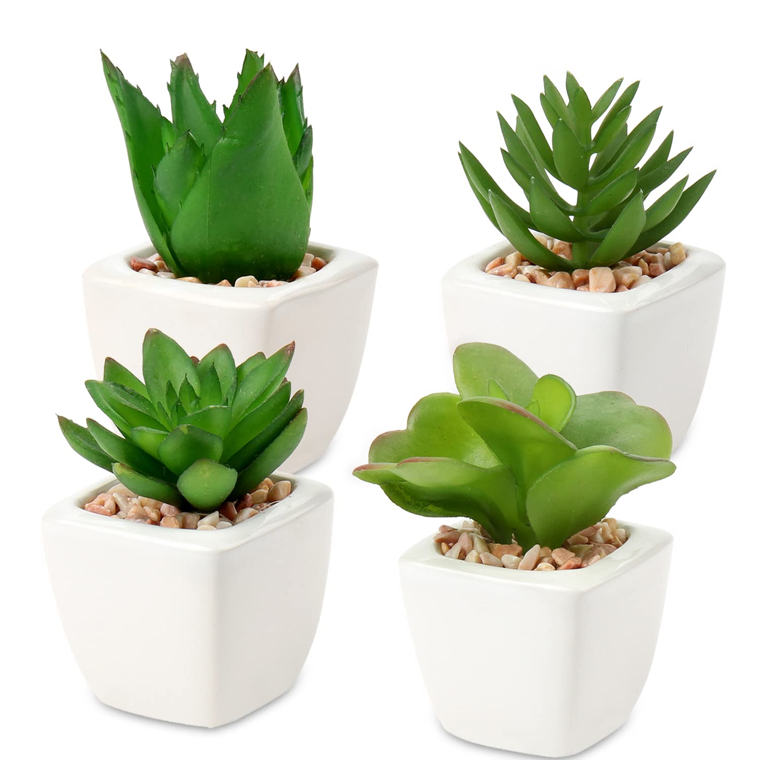 Hollyone 4PCS Small Fake Succulent Plants, Artificial Succulent in White Ceramic Pot, Decorative Faux Plants Office Desk Accessories, Greenery for Home Decor, Bathroom, Bedroom, Table Decorations