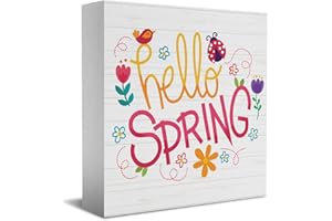 HTBIG Spring Sign Desk Decor Wooden Box Sign Funny Spring Holiday Flower Bird Wood Block Plaque Box Sign for Home Farmhouse Office Bathroom Bedroom Kids Room Nursery Shelf Table Decoration Hello Spring