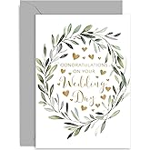Special Wedding Day Card for Couple - Olive Tree Wreath Gold Wedding Day Card for Bride and Groom - Stylish Design for Friends and Family | Blank Inside