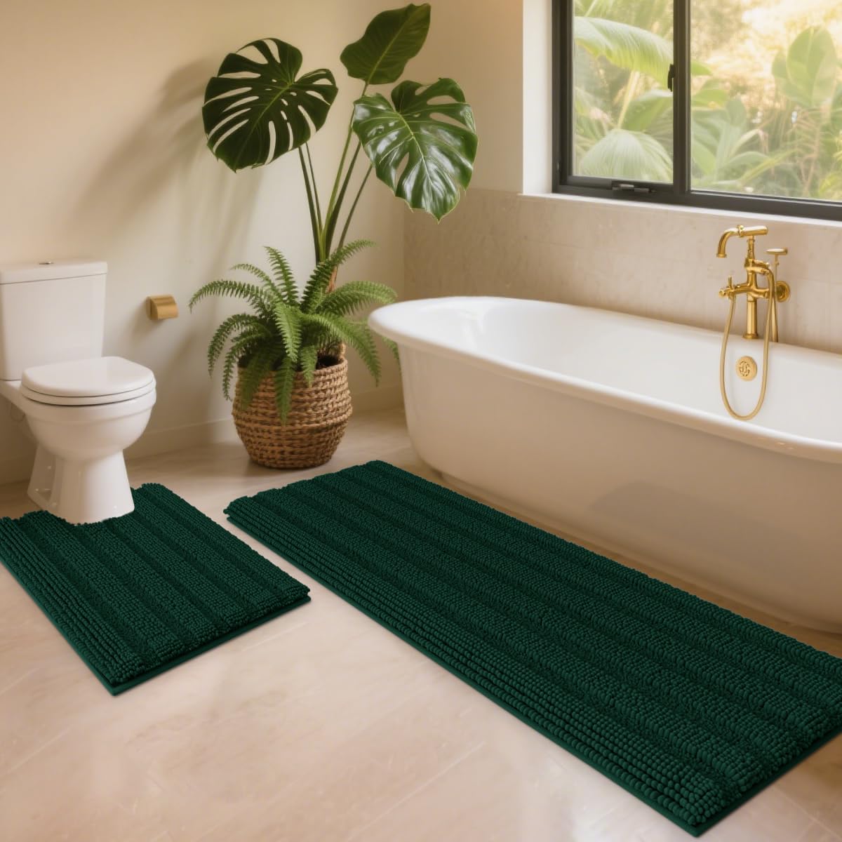 Photo 1 of ACCUMTEK Christmas Striped Deep Green Toilet Bathroom Rug Mat Set 2 piece Rug Ultra Soft, Non Slip Chenille Bath Rugs, Absorbent Plush Shaggy Bath Mats for Bathroom, Bedroom, Kitchen, Shower, Tub