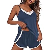 Ekouaer Pajama Sets for Women Lingerie Sleepwear 2 Piece Cami Split Short Set V Neck Lace Pjs