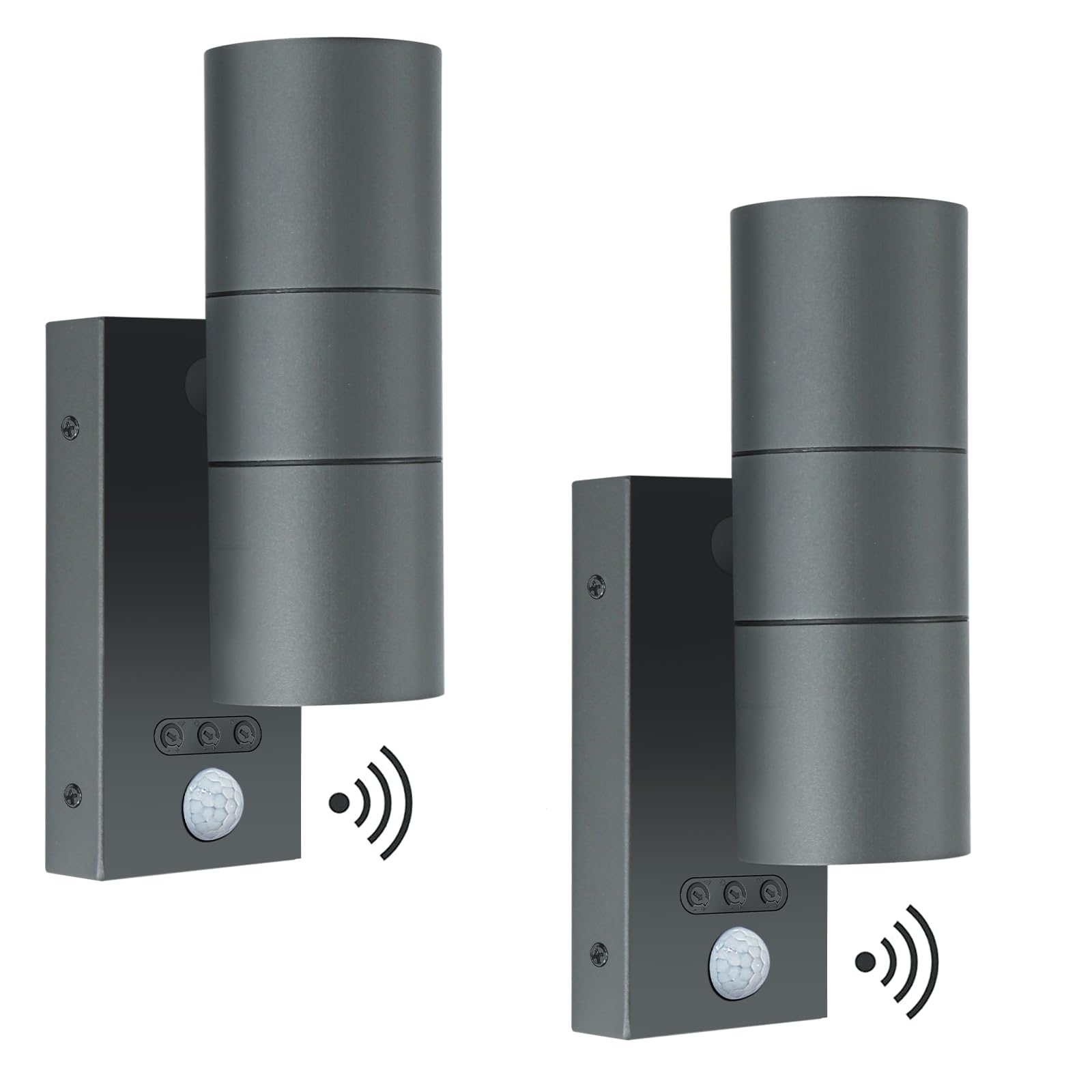 Kerry Outside Wall Lights with Sensor, IP65 Waterproof Up Down Outdoor Lighting, External Pir Wall Mount Security Light, Anthracite Grey Stainless Steel Exterior Mains Powered - 2 Pack (Bulb Excl.)
