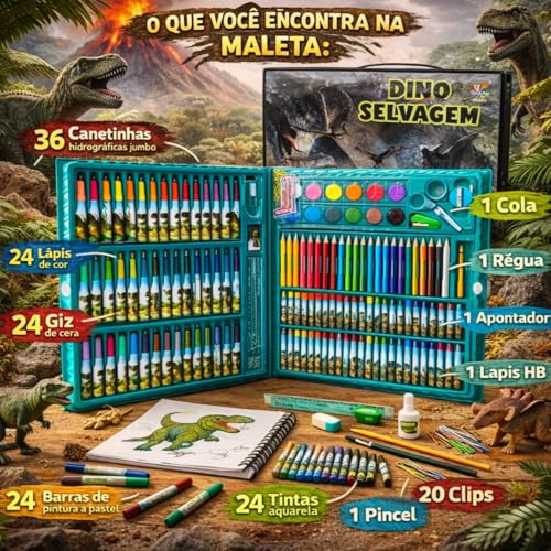 Maleta de Pintura Infantil 150 Itens Dinossauro Desenho Arte Material Escolar Presente para Crianças Dino