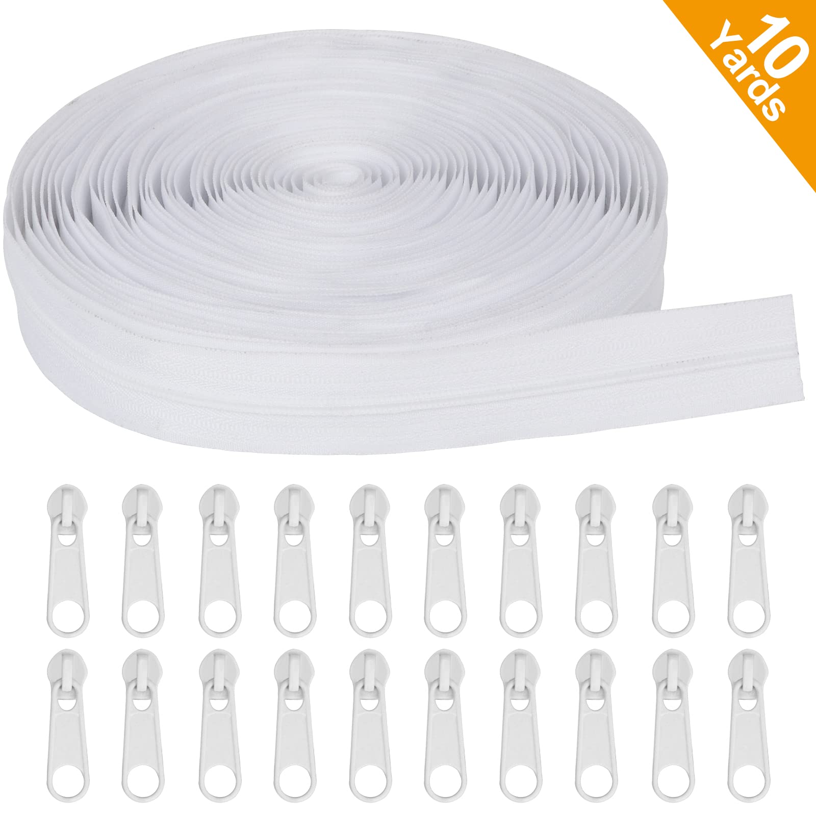 MiniRed 10Yards White Nylon Coil Zipper by The Yards, #3 Bulk Zippers for DIY Sewing Craft Bags with Replacement 20PCS Sliders (#3 White)