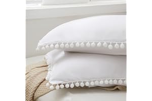 8HMOON Soft Pillow Shams Set of 2 Boho Tassel Ball Trimmed Microfiber Pillowcases Cute Breathable Standard Bed Pillowshams Envelope Design, 20x26 Inch