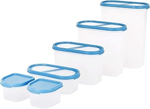 SIMPARTE 6 Container Set Pantry Airtight Cereal and Dry Snacks Food Storage Containers | Microwave & Dishwasher Safe | BPA Free | Freezer Safe | Space Saver Modular Design (Blue Lids)