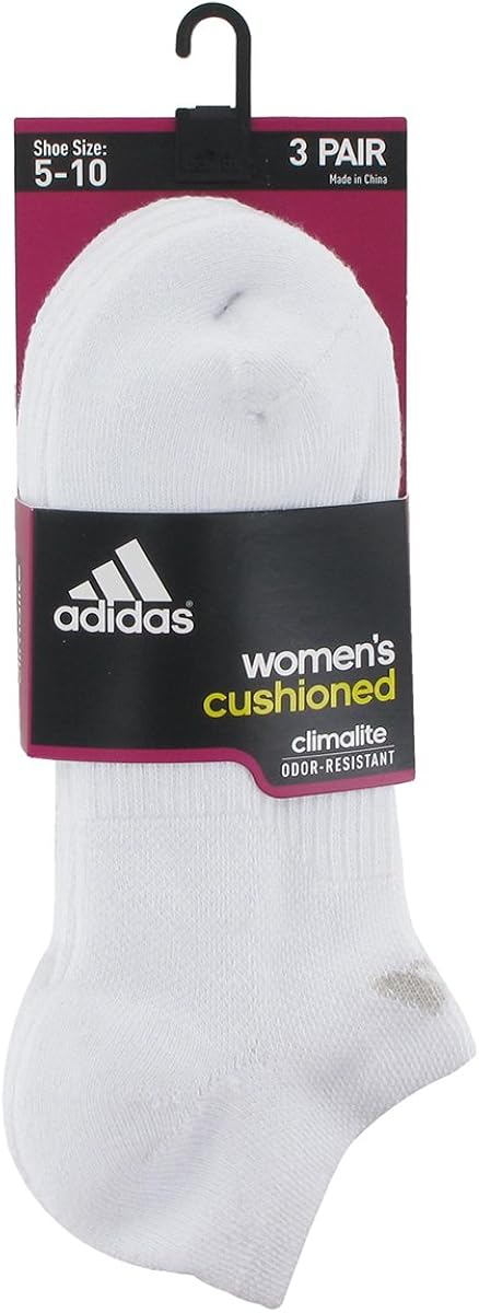 adidas Women's Cushioned No Show Socks (3-Pair), White/White, Medium, (Shoe Size 5-10) : Clothing