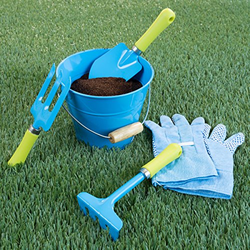 Hey!Play! 80-PP-Gsp Kid's Tool Set with Child Safe Shovel, Rake, Fork Gloves, and Bucket-Mini Gardening Kit for Boys and Girls, Blue - Thumbnail 3