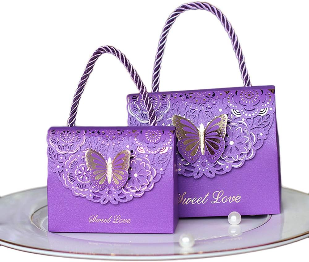 Eyxia Wedding Favor Boxes Flower Laser Cut Party Favors Bags Baby Shower Candy Gift Box Set Butterfly Event Decoration Wholesale 20pcs Purple