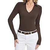 BAISHENGGT Womens Polo Shirts Long Sleeve Business Casual Basic Tops V Neck Ribbed Knit Sweater Slim Fitted Work Blouses