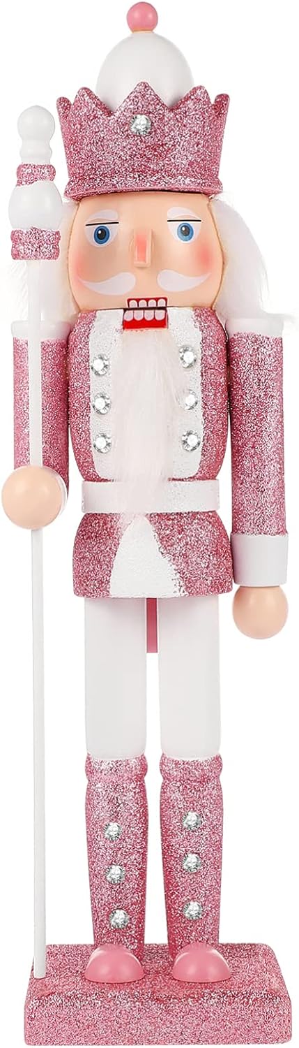Nutcrackers - NOLITOY Christmas Nutcracker Pink Traditional Wooden Glitter Nutcracker Soldier Figure Christmas Holiday Décor for Shelves and Tables
