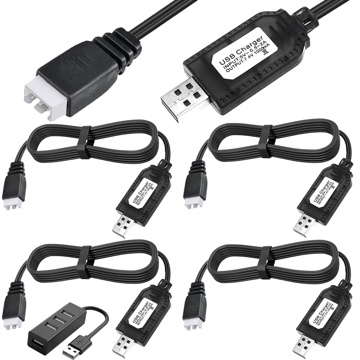 Xiatiaosann 4 Pcs USB to XH-3P 7.4V Charger Cable, 3.7V 2S USB Charger with XH3P Connector Plug for Lipo Battery RC Boat Car Drones Quadcopter