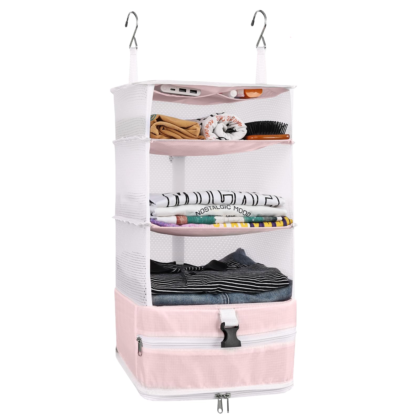 Surblue Hanging 3-Shelf Closet Organizer Pocket Collapsible Washable Oxford Fabric with 2 Hooks Pink L