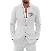 Retro Linen Men Suit 2 Piece Suit Slim Fit Two Button Suit Jacket Wedding Groomsmen Summer Beach Blazer Pants Tuxedo