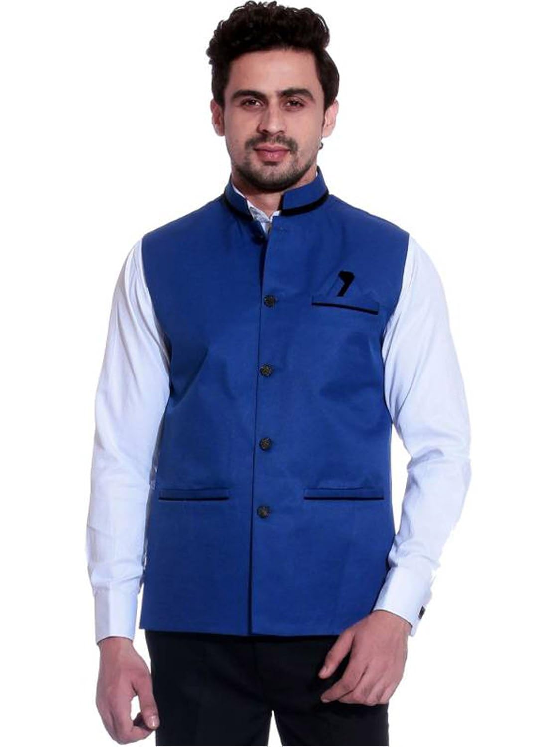 ssb cotton blend solid blue nehru waistcoat jacket for men's