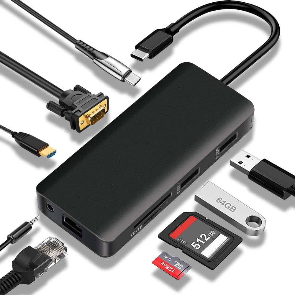USB C Hub Multiport Adapter 9 Ports Docking Station Aluminum Power Delivery 4K HDMI VGA RJ45 Gigabit Ethernet SD/TF Card Reader,2 USB 3.0,3.5mm Audio Jacke for MacBook Pro XPS Type C Devices